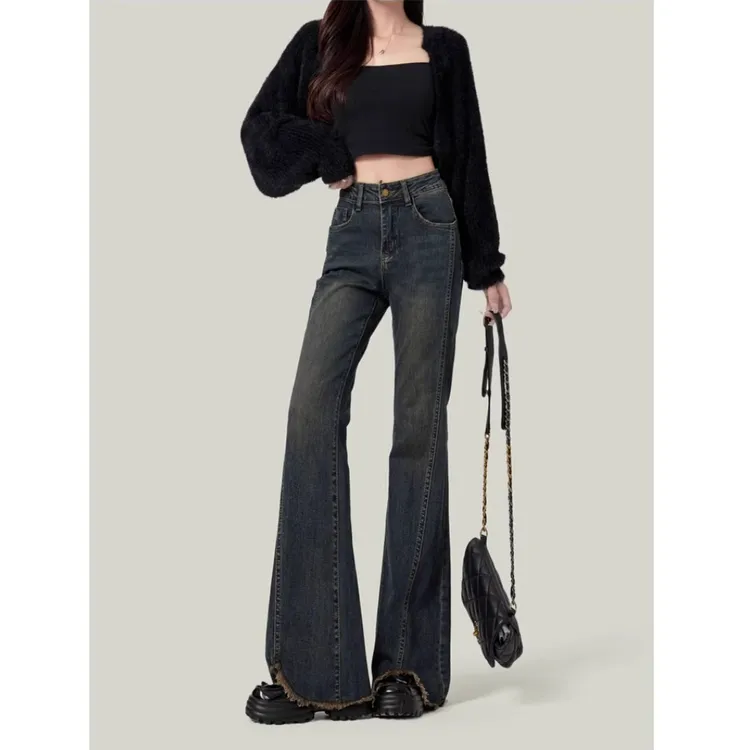 大码2025春夏款复古美式纳米灰微喇叭牛仔裤女马蹄拖地长裤200斤