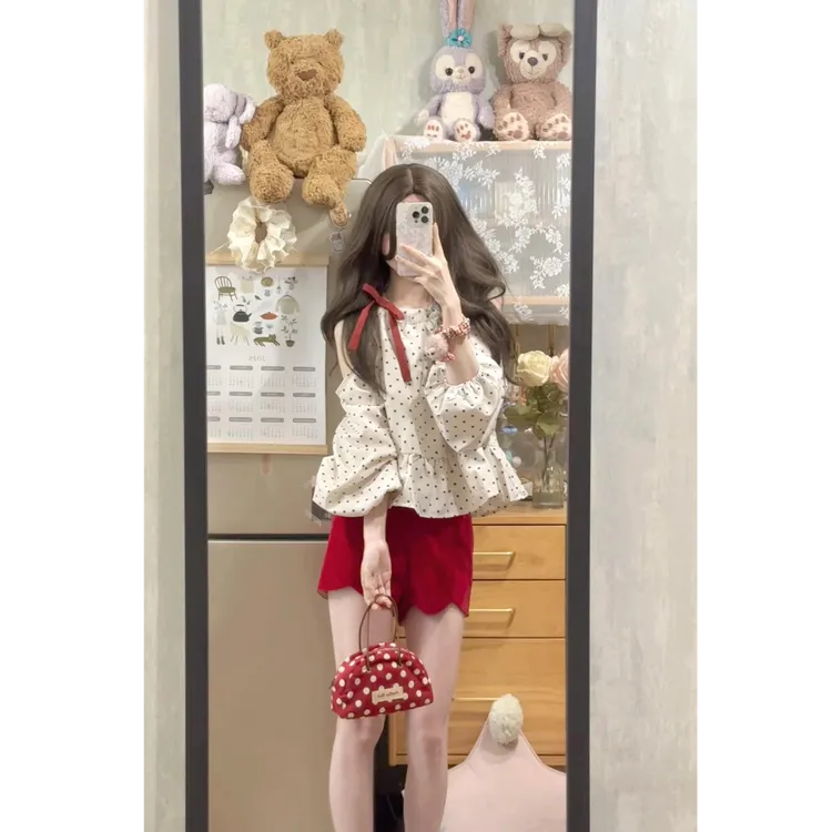 【浆果莓莓】春夏新款韩系甜美蝴蝶结露肩波点衬衫上衣高腰别致短裤