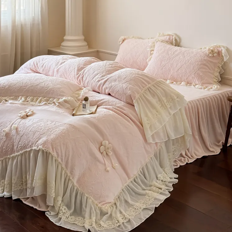 冬季法式公主风A类牛奶雕花绒被套床裙四件套亲肤加厚毛绒床盖款