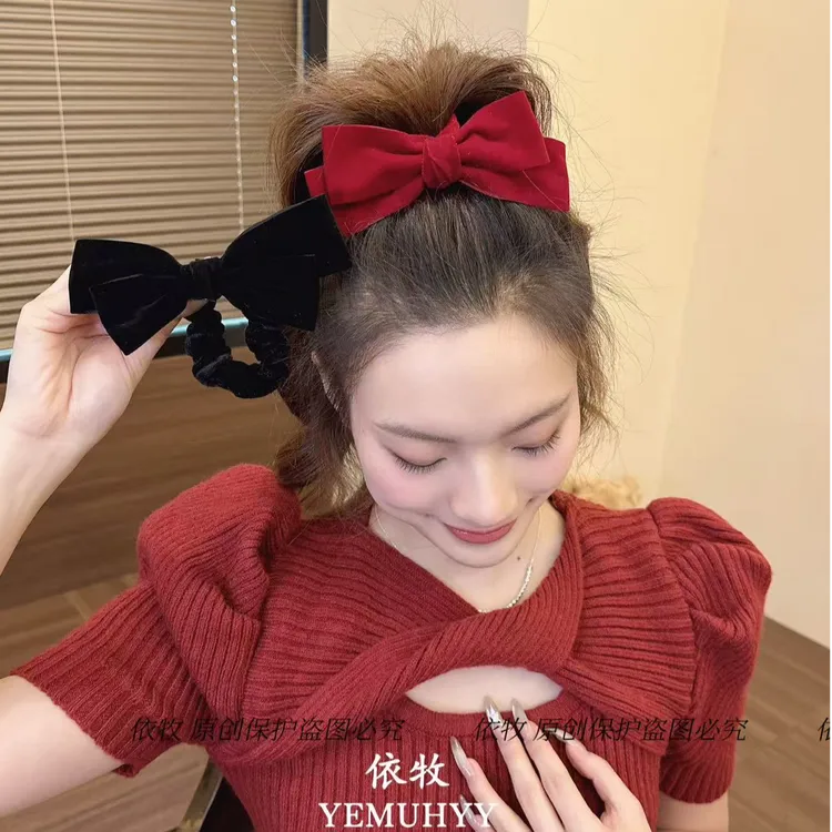 依牧新年圣诞高级感丝绒红色蝴蝶结小肠发圈喜庆扎丸子头新年发饰
