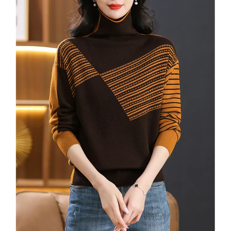 品牌女装正品前后两穿高领加厚毛衣条纹拼色女士毛针织衫打底衫