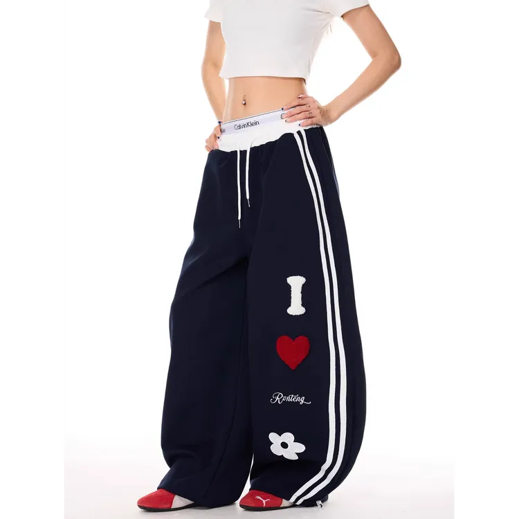 美式字母爱心刺绣休闲运动卫裤女条纹爵士舞阔腿裤街头风街舞裤子
