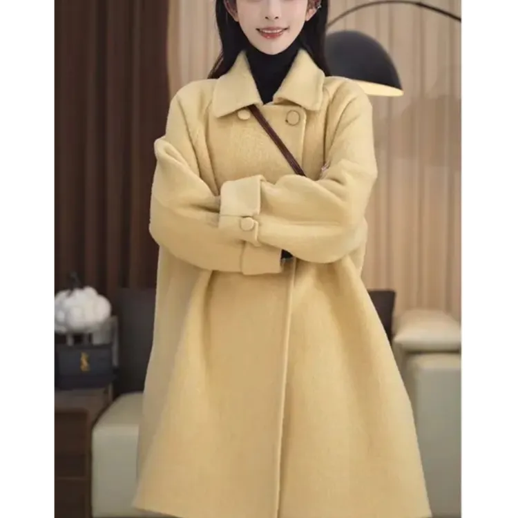 秋冬娃娃领包扣A版中长款女保暖厚款毛呢外套气质洋气女装日奢风