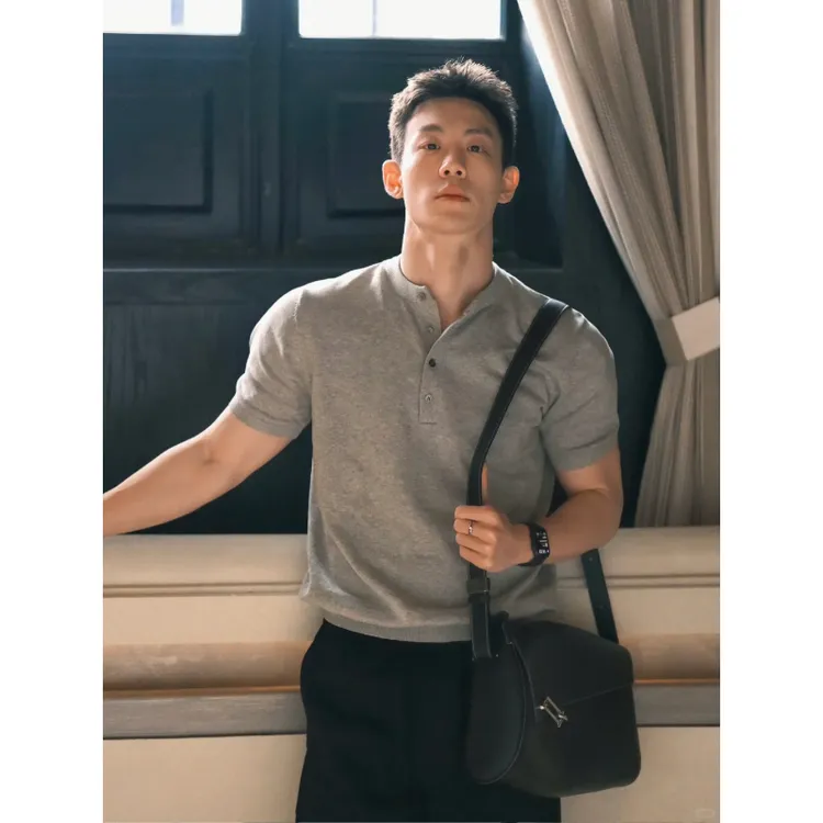 性张力穿搭美式硬汉亨利领短袖polo衫男士痞帅修身半开领重磅T恤