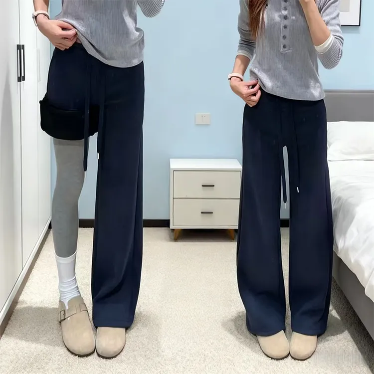 lulu同款加绒运动裤女秋冬2025新款高腰休闲宽松阔腿抽绳直筒裤子