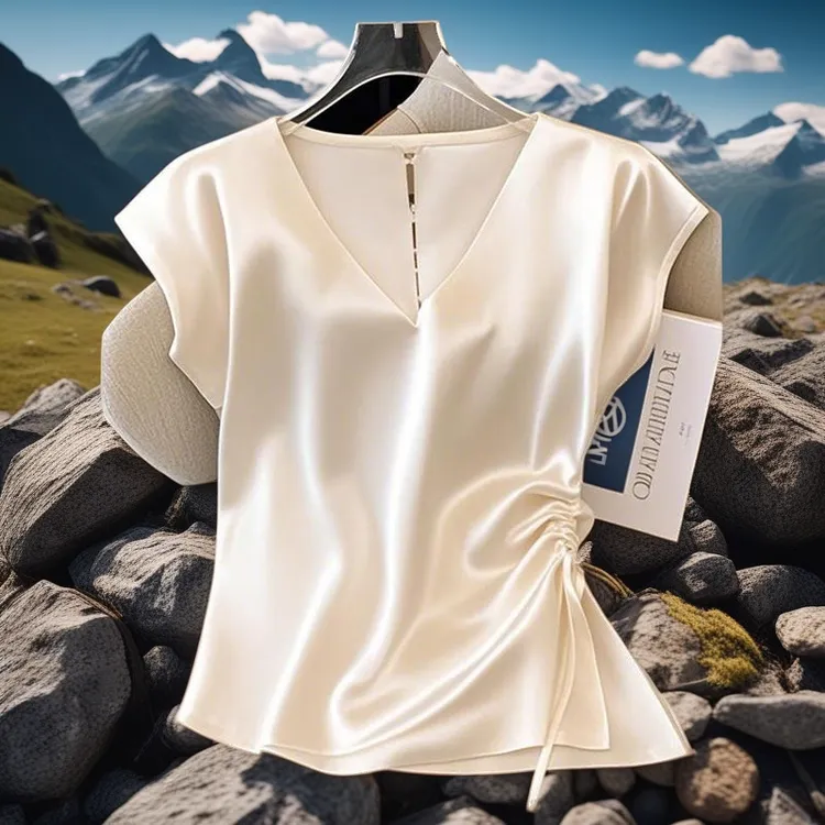 新款夏季流行白色短袖T恤女设计感收腰系带褶皱上衣潮款薄款衬衫