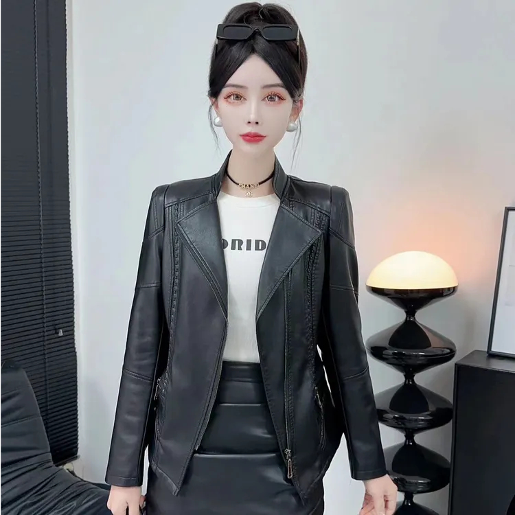 【单里衬】海宁正品2025秋季新款时尚百搭翻领气质皮衣外套女901