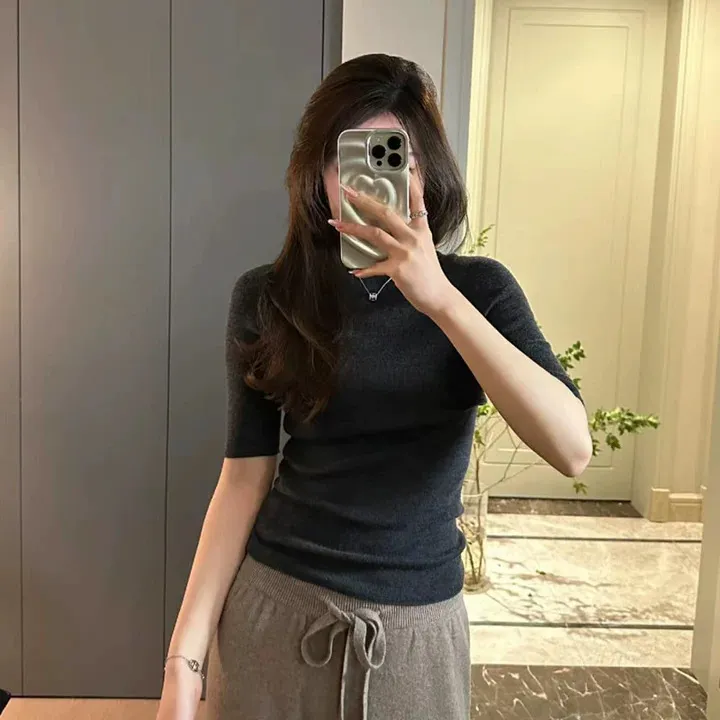 【娜塔莎严选】【精纺羊毛】XZ261半高领简约修身五分袖打底衫针织衫