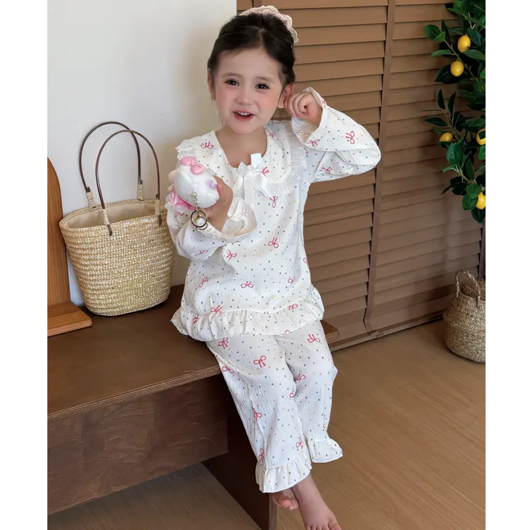 儿童睡衣女中大小童春秋季长袖蕾丝公主领花边韩版洋气家居服套装