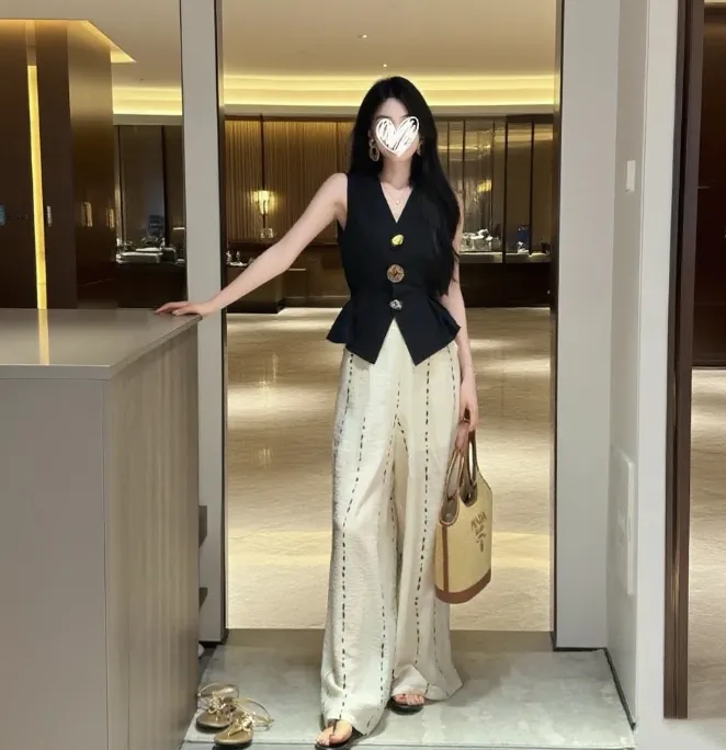 【栗子熔金】新款马甲女夏季薄款外搭无袖背心上衣+百搭休闲裤3222#