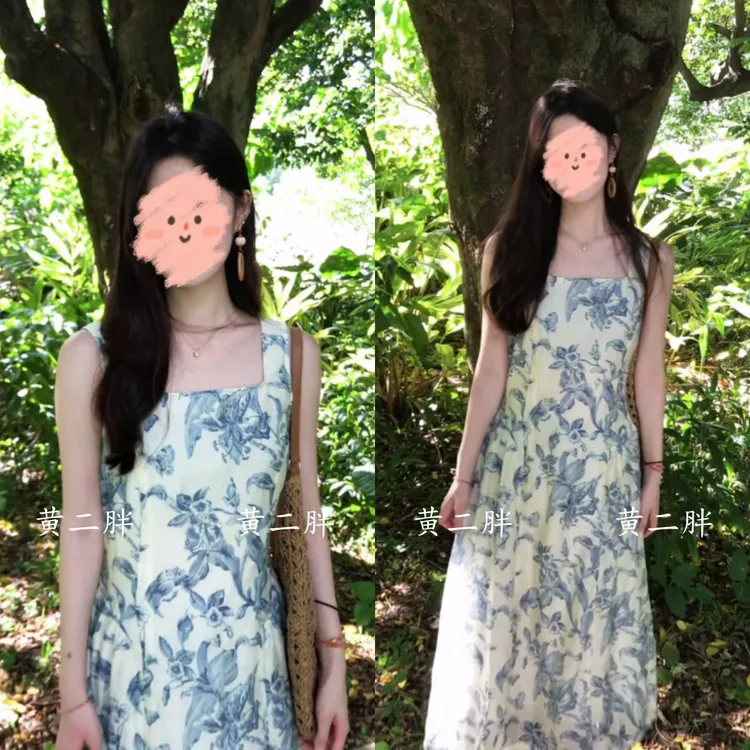 法式复古收腰蓝碎花连衣裙女气质小众无袖吊带长裙子2025夏季新款