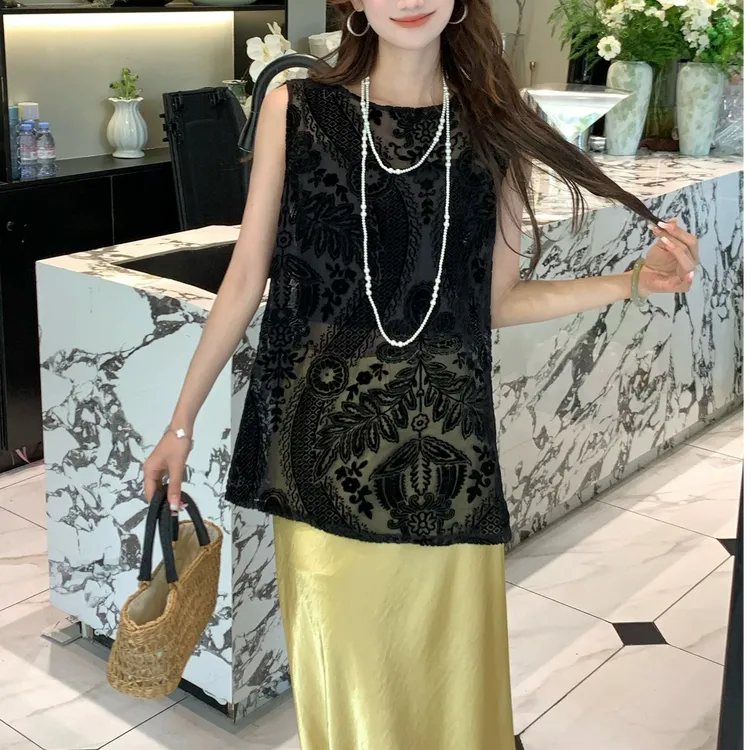 复古镂空提花无袖衬衫女2025新款爆款小衫夏季高级感后背开叉背心