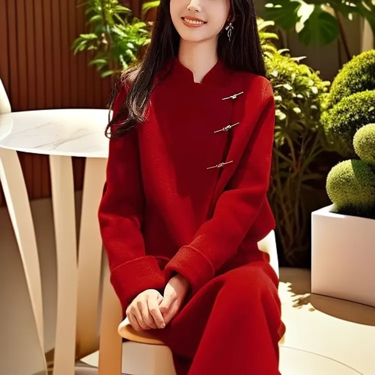 新中式国风红色毛呢套装女秋冬季订婚礼服高级感两件套上衣半身裙
