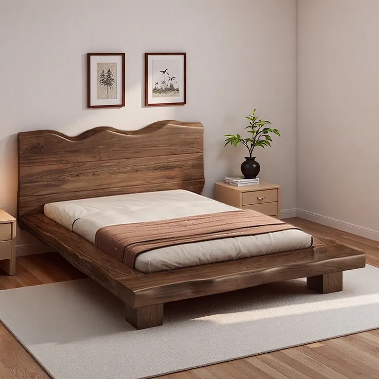 全实木床原木风工厂直销现代简约简易侘寂风双人床1米8原木榻榻米
