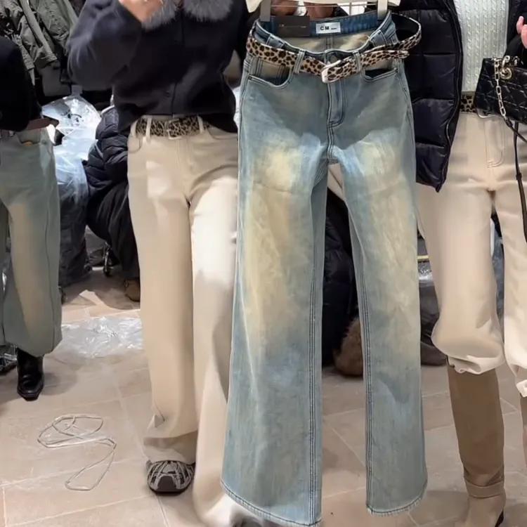 冬季新款时尚百搭加厚加绒时尚高腰刺绣豹纹腰带牛仔裤LK2508669