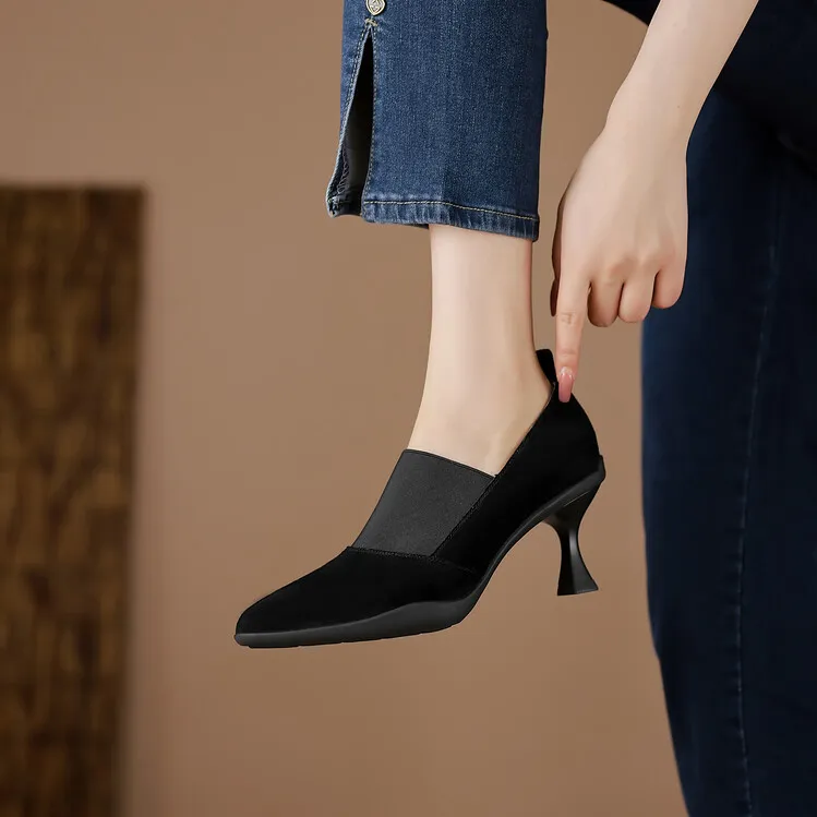 6.5CM简约尖头真皮女鞋2025春季新款深口细跟高跟女单鞋气质跟鞋