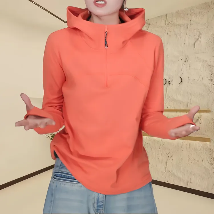2025春季新款高领显瘦百搭高弹力半拉链纯色帽衫上衣女