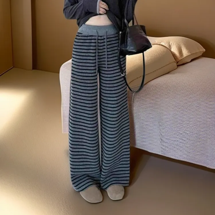 秋季阔腿裤高腰拖地感宽松时尚针织百搭条纹显瘦裤子女款胖mm显瘦