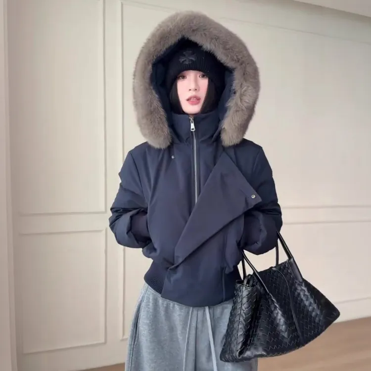 藏青色毛领连帽收腰短款棉服女2025新款秋冬季加厚保暖棉袄外套