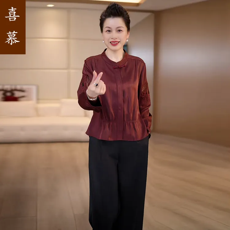 2025新款妈妈装春装丝缎套装国风中年女装宽松两件套显瘦妈妈秋装