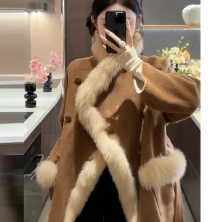 美拉德穿搭韩版高级感超好看双面大衣中长款毛呢外套洋气时髦秋冬