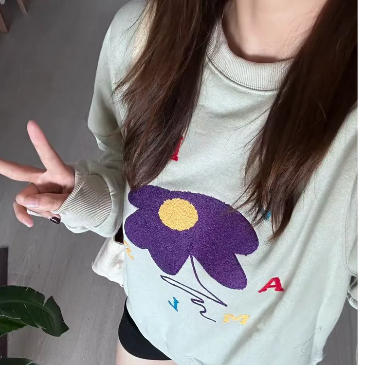 秋季圆领正肩显瘦遮肉毛巾绣慵懒风卫衣百搭上衣大码女装胖mm