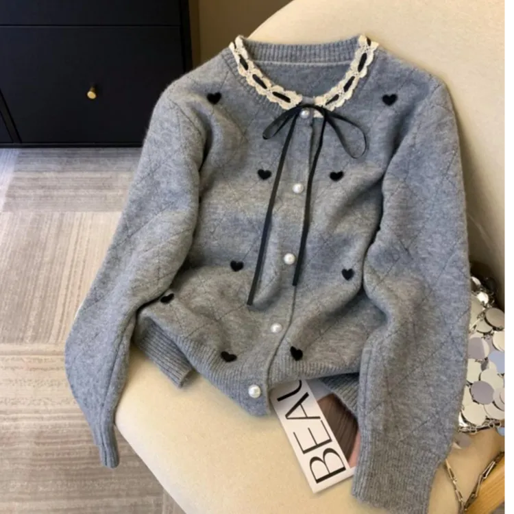 灰色蕾丝边菱格爱心毛衣女秋冬韩系系带蝴蝶结针织开衫小香风外套