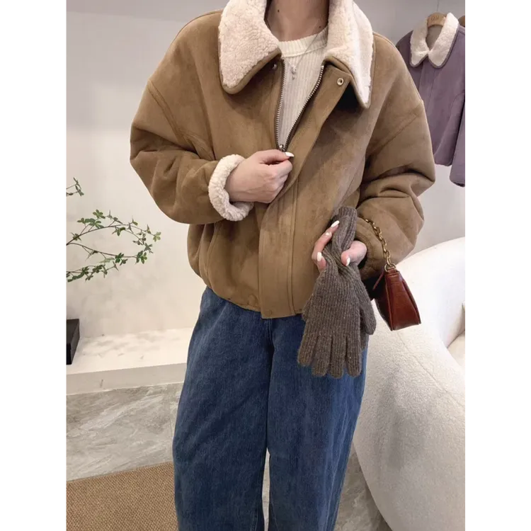 秋冬新款简约韩系翻领时尚美拉德毛绒外套B2056