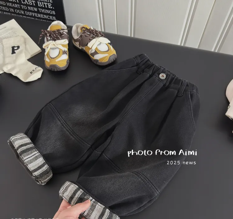 男童加厚一体绒牛仔裤2025新款秋冬百搭潮酷痞帅直筒宽松休闲裤子