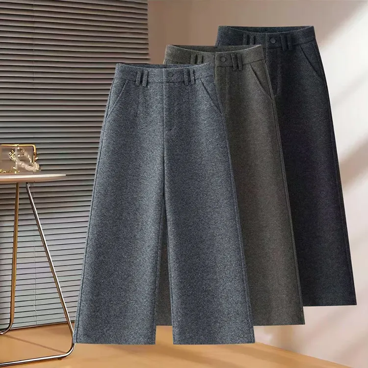 绵羊毛呢加厚八九分裤女秋冬季高腰小个子显瘦阔腿宽松休闲直筒裤