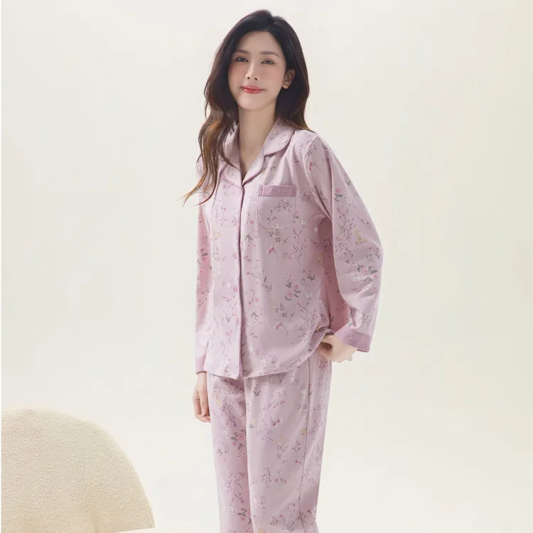 姬玛秋冬款针织女睡衣纯棉开衫翻领舒适长袖家居服套装253266