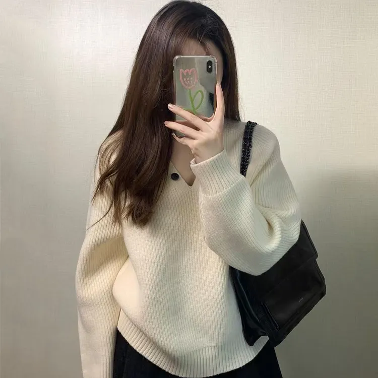 2026秋冬新款韩系韩系复古可拆卸围脖设计感长袖v领针织衫半身裙