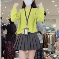 650#【浅浅专属】新款绿色镂空慵懒露肩长袖毛衣+灰色百褶裙两件套