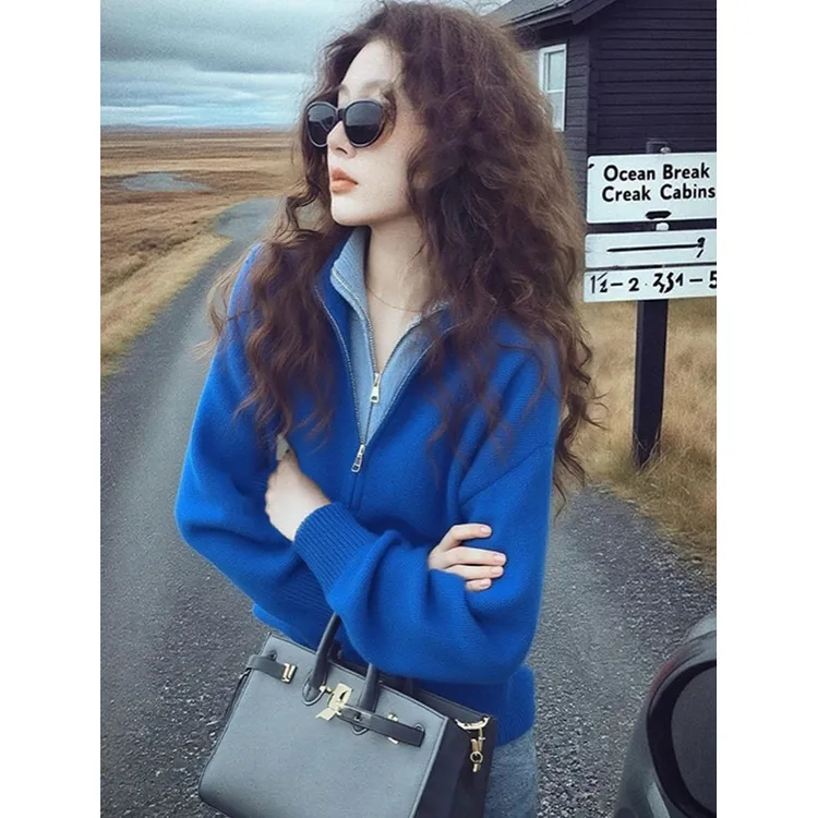 冬季巨好看设计感小众减龄毛衣外套韩系蓝色拉链假两件针织开衫女