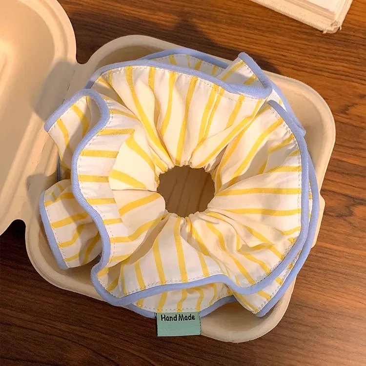 柏林落日~黄色条纹大肠发圈女高级感发饰法式丸子头超大头绳韩系