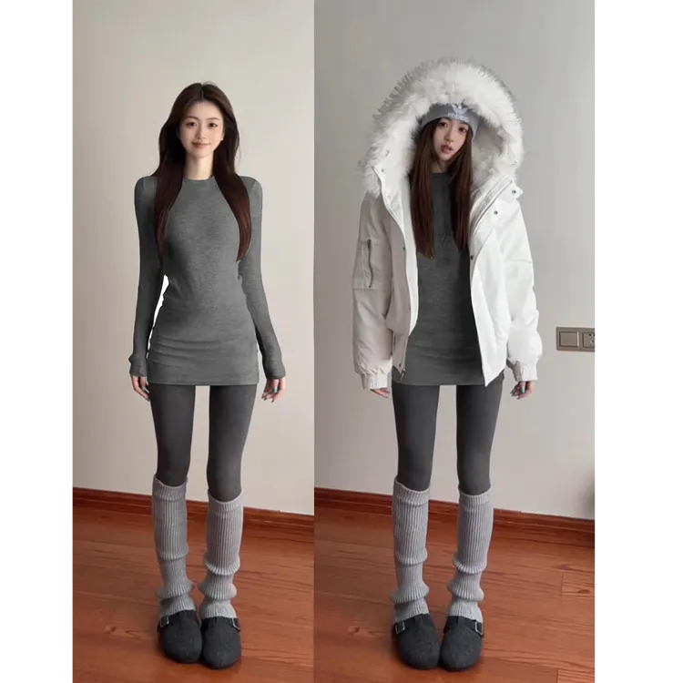 【运费补贴】磨毛绒内里灰色打底衫女遮屁股显瘦中长款内搭打底上衣