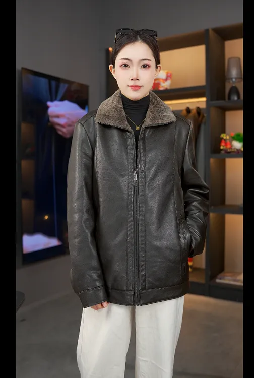 海宁冬季山羊皮2025男士休闲宽松加厚翻领夹克时尚百搭