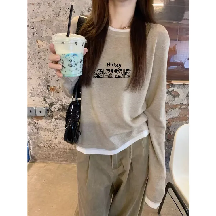 磨毛加厚假两件长袖上衣秋冬韩系松弛感2025新款圆领打底衫女慵懒