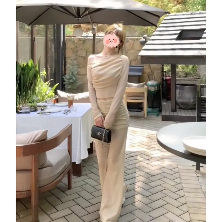 法式长袖露肩T恤裤子夏季高级设计感气质修身显瘦荡领上衣套装女