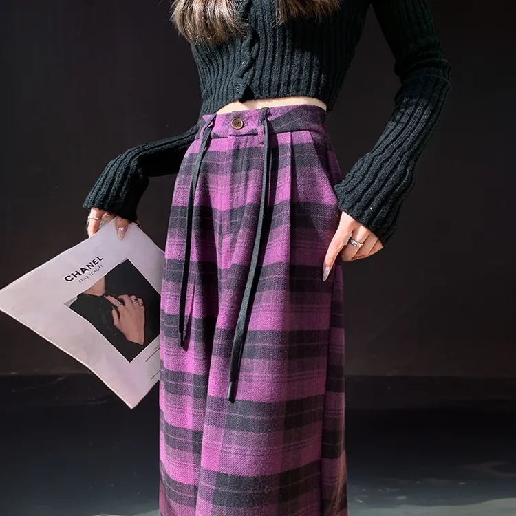 紫色高腰格子休闲阔腿裤女秋冬垂感2025新款显瘦窄版直筒毛呢裤子