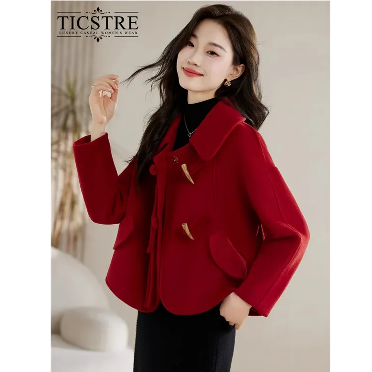TICSTRE红色毛呢外套女短款秋季新款宽松洋气减龄牛角扣呢子大衣
