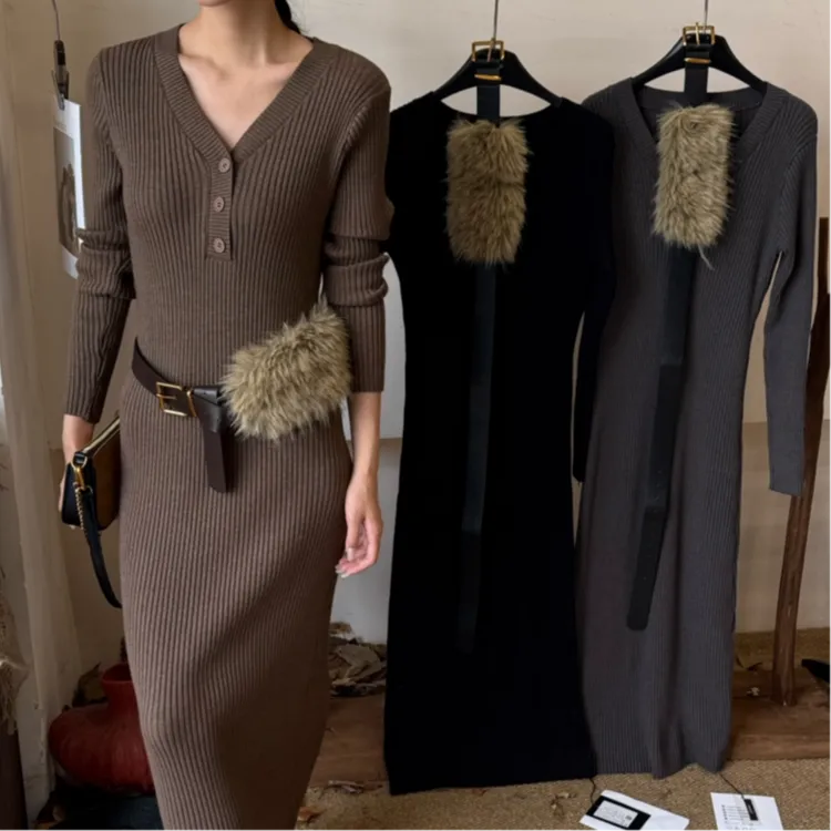 针织连衣裙瘦身显身材百搭优雅冬季时尚连衣裙长袖修身连衣裙5698