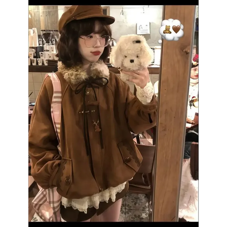复古韩版气质秋冬季棕色外套夹克显瘦设计感蕾丝屁帘高腰短裙套装