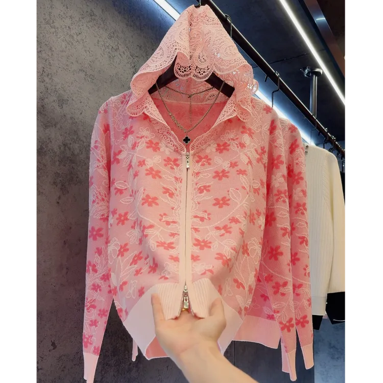 【定制大码女装80-200斤】气质提花百搭花朵重工显瘦连帽上衣2168