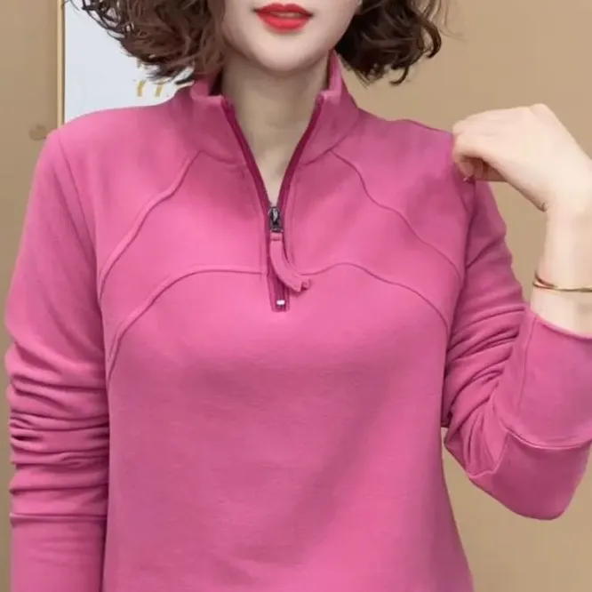 2024拉链拼接纯色保暖卫衣时尚半高领半拉链上衣加绒冬秋女士