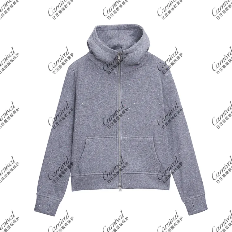 2025冬季烫钻重工加绒款连帽百搭拉链宽松休闲运动女款卫衣J5832#