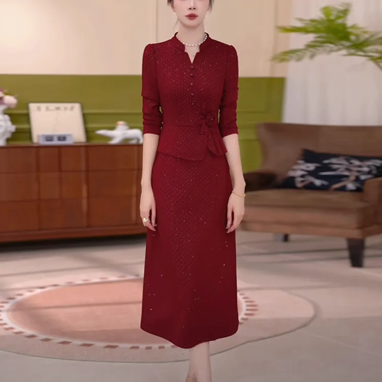 华夫格精纺气质轻奢女装2025秋季新款时尚洋气假两件显瘦连衣裙子