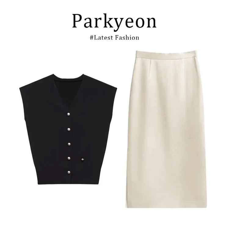 parkyeon优雅分高级感百搭无袖针织背心时尚轻奢高腰半身裙两件套