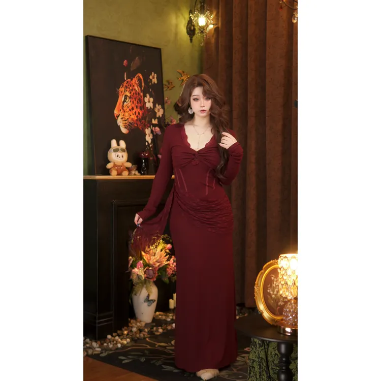 【Yi·Ze】惊鸿茶叙 法式优雅性感风蕾丝拼接设计扭结V领连衣裙G332