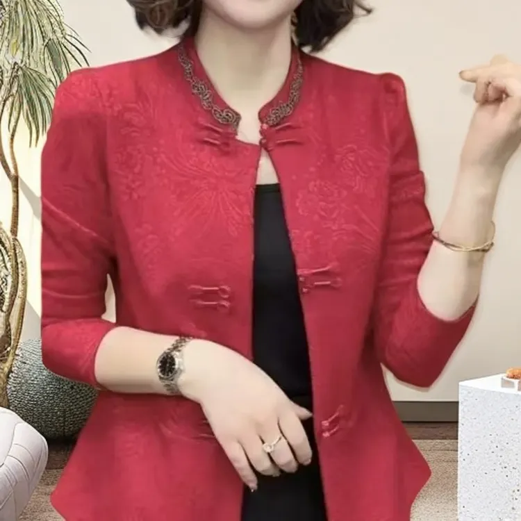 立领上衣百搭气质烫钻复古女士新款减龄时尚显瘦盘扣洋气长袖外套